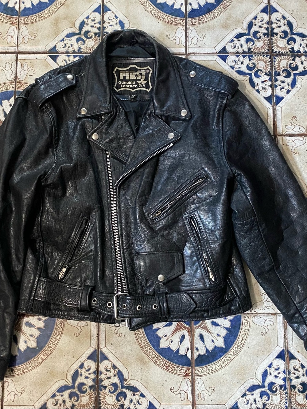 FIRST Genuine Leather Black Men's Biker Jacket - Classic Moto Style